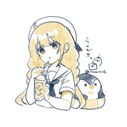 1girl ahoge animal bendy_straw beret bird black_neckerchief braid brown_eyes brown_hair commentary_request cropped_torso cup drinking_glass drinking_straw futaba_anzu hat highres holding holding_cup idolmaster idolmaster_cinderella_girls idolmaster_cinderella_girls_starlight_stage innertube long_hair low_twintails neckerchief penguin rino_cnc sailor_collar shirt short_sleeves solo swim_ring translation_request twin_braids twintails twitter_username upper_body very_long_hair white_hat white_sailor_collar white_shirt