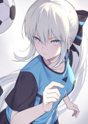 1girl absurdres ball black_bow blue_eyes bow braid breasts fate/dream_striker fate/grand_order fate_(series) grey_hair hair_bow highres large_breasts long_hair looking_at_viewer morgan_le_fay_(fate) natu_zame ponytail short_sleeves sidelocks soccer_ball solo very_long_hair