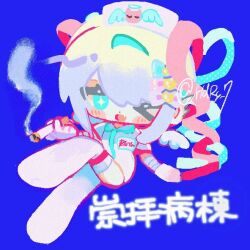 Rule 34 | :d, angel print, bandaged arm, bandages, blonde hair, blue background, blue hair, blush, bow, chibi, chibi only, chinese text, chouzetsusaikawa tenshi-chan, cigarette, colored tips, drawn wings, fangs, hair bow, hat, holding, holding cigarette, multicolored hair, multiple hair bows, naishukketsukata, name tag, needy girl overdose, nurse cap, one eye closed, open mouth, outstretched arm, pink hair, quad tails, skin fangs, smile, smoking, sparkling eyes, thighhighs, white hair, white thighhighs