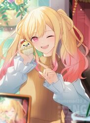 1girl ;) blonde_hair blurry blurry_foreground cellphone commentary double-parted_bangs facial_recognition gradient_hair hair_between_eyes hands_up highres holding holding_toy long_hair long_sidelocks long_sleeves looking_at_viewer multicolored_hair one_eye_closed phone pink_eyes pink_hair pointing_at_object project_sekai puffy_long_sleeves puffy_sleeves sidelocks sleeves_past_wrists smartphone smile solo sweater sweater_vest teeth tenma_saki toy turtleneck turtleneck_sweater twintails umemori_mai upper_teeth_only viewfinder watermark yellow_sweater_vest