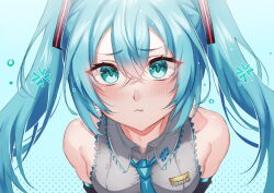 1girl :t anger_vein aqua_eyes aqua_hair aqua_necktie bare_shoulders blush breasts closed_mouth collarbone detached_sleeves grey_shirt hair_between_eyes hair_ornament hatsune_miku highres inue_ao long_hair looking_at_viewer looking_up medium_breasts necktie pout shirt simple_background sleeveless sleeveless_shirt solo twintails vocaloid