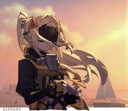1girl black_mask blonde_hair boat closed_mouth cloud evening eye_mask fingerless_gloves gloves glowing_mask hair_ornament harmonica holding holding_instrument instrument long_hair long_sleeves outdoors ponytail sailboat sky solo trigger_(zenless_zone_zero) tudouwei_de_guodong upper_body watercraft zenless_zone_zero