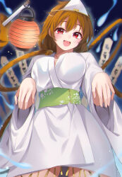 Rule 34 | 1girl, alternate costume, blush, bo staff, breasts, brown hair, commentary request, ghost costume, ghost pose, highres, hitodama, holding, holding with tail, japanese clothes, kimono, lantern, large breasts, long hair, long sleeves, looking at viewer, low twintails, meimei (meimei89008309), monkey girl, monkey tail, open mouth, paper lantern, prehensile tail, red eyes, ruyi jingu bang, shiroshouzoku, smile, solo, son biten, tail, touhou, triangular headpiece, twintails, white kimono, wide sleeves