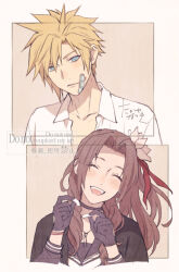 1boy 1girl aerith_gainsborough aerith_gainsborough_(midgard_seventh_high_school) bandaid bandaid_on_cheek bandaid_on_face black_choker black_gloves black_sailor_collar black_shirt blonde_hair blue_eyes blush bracelet brown_background brown_hair choker closed_eyes closed_mouth cloud_strife cloud_strife_(midgard_seventh_high_school) collared_shirt delinquent final_fantasy final_fantasy_vii final_fantasy_vii_ever_crisis flower gloves hair_between_eyes hair_flower hair_ornament hair_ribbon jewelry long_hair long_sleeves official_alternate_costume open_mouth red_ribbon ribbon sailor_collar school_uniform shirt short_hair side_ponytail smile spiked_hair sukeban takaya_natsuki upper_body white_shirt