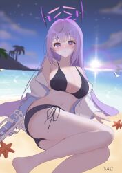 1girl :o bare_legs barefoot beach bikini black_bikini blue_archive blush breasts halo large_breasts long_hair looking_at_viewer navel nose_blush outdoors purple_eyes purple_hair side-tie_bikini_bottom sitting solo starfish straight_hair swimsuit utaha_(blue_archive) very_long_hair water_gun yukki83130530