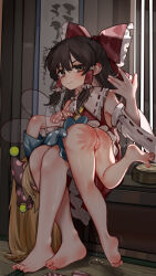 2girls absurdres american_flag_dress ass barefoot blonde_hair bow brown_eyes cleft_of_venus clownpiece detached_sleeves fairy_wings feet hair_bow hair_tubes hakurei_reimu hat highres jester_cap kourou_(kouroukun) long_hair multiple_girls polka_dot pussy soles spanked spanking toes touhou uncensored wide_sleeves wings
