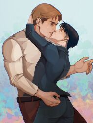 2boys arizawasan arm_up belt black_belt blonde_hair blue_eyes blue_jacket blue_pants brown_hair brown_pants commentary couple crying crying_with_eyes_open english_commentary erwin_smith from_side highres hover_hand jacket kiss levi_(shingeki_no_kyojin) long_sleeves male_focus multicolored_hair multiple_boys pants parted_lips shingeki_no_kyojin shirt sideburns standing streaming_tears suit_jacket tears two-tone_hair white_shirt yaoi