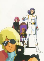 1980s_(style) 2boys 2girls age_difference blonde_hair boots bow brown_hair gloves gundam haman_karn key_visual kitazume_hiroyuki military military_uniform mineva_lao_zabi mullet multiple_boys multiple_girls neo_zeon official_art oldschool paptimus_scirocco pink_hair promotional_art purple_hair quattro_bajeena retro_artstyle scan science_fiction sitting sunglasses throne titans_(gundam) traditional_media vest white_background zeta_gundam