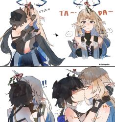 2girls arrow_(symbol) bare_shoulders black_boots black_gloves black_hair blue_eyes blue_gloves blush boots carrying closed_mouth commentary english_commentary female_rover_(wuthering_waves) fleurdelys_(wuthering_waves) gloves highres horns kiss long_hair looking_at_viewer mistletoe mopa_huhu multiple_girls partially_fingerless_gloves pointy_ears ponytail princess_carry rover_(wuthering_waves) simple_background single_horn thigh_boots white_background wuthering_waves yuri