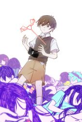 3girls 6+boys absurdres antenna_hair arrow_(projectile) arrow_through_heart aubrey_(headspace)_(omori) aubrey_(omori) bailan1130 bare_shoulders basil_(headspace)_(omori) basil_(omori) black_eyes black_hair black_sweater_vest blue_flower blue_hair blue_rose blue_shirt blurry bow brother_and_sister brothers brown_shorts checkered_clothes chinese_commentary chromatic_aberration clone collared_shirt commentary_request depth_of_field double-parted_bangs faceless faceless_female faceless_male flower flower_wreath hair_behind_ear hair_between_eyes hair_bow hands_up hatching_(texture) head_wreath heart hero_(headspace)_(omori) hero_(omori) highres kel_(headspace)_(omori) kel_(omori) kneehighs long_hair lying mari_(headspace)_(omori) mari_(omori) multiple_boys multiple_girls omori on_back on_side pale_skin parted_lips pink_bow pink_flower purple_flower purple_hair purple_sweater_vest rose shirt short_hair short_sleeves shorts siblings simple_background socks solo_focus something_(omori) standing sunny_(omori) sweater_vest tabun_owari_(vocaloid) tearing_up very_short_hair white_background white_shirt white_socks