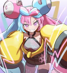 bow-shaped_hair character_hair_ornament fake_hair_bun grey_pantyhose hair_ornament hexagon_print highres iono_(pokemon) jacket multicolored_hair nintendo oversized_clothes pantyhose pokanine pokemon pokemon_sv sharp_teeth single_leg_pantyhose sleeves_past_fingers sleeves_past_wrists split-color_hair teeth two-tone_hair very_long_sleeves x yellow_jacket