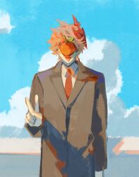 1boy black_coat coat collared_shirt earrings erdff720 fine_art_parody food fruit genshin_impact hand_up highres jewelry long_sleeves male_focus mask mask_on_head necktie open_mouth orange_(fruit) orange_hair parody red_necktie shirt smile solo tartaglia_(genshin_impact) the_son_of_man_(magritte) v white_shirt