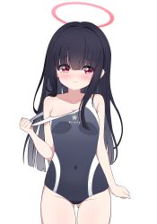 1girl absurdres black_hair black_one-piece_swimsuit blue_archive blunt_bangs clothes_pull commentary_request competition_school_swimsuit covered_navel gluteal_fold halo highres justice_task_force_member_(blue_archive) korean_commentary long_hair one-piece_swimsuit one-piece_swimsuit_pull poorunii red_halo school_swimsuit simple_background solo swimsuit thigh_gap trinity_general_school_swimsuit white_background