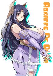 1girl black_hair blush breasts bridal_gauntlets character_name circlet cleavage commentary corset cowboy_shot curvy detached_sleeves dress female_focus frilled_dress frills from_side gloves hair_ornament highres huge_breasts jewelry kyonyuu_fantasy long_hair looking_at_viewer own_hands_together parted_bangs purple_dress purple_gloves purple_hair rebasuto red_eyes roxanne_de_desir sideboob sidelocks smile solo underbust veil very_long_hair wide-eyed wide_hips