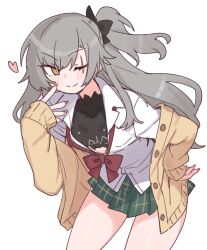 1girl absurdres alternate_costume black_bow blush bow bowtie cardigan closed_mouth collared_shirt cowboy_shot dress_shirt girls&#039;_frontline girls&#039;_frontline_2:_exilium grey_hair hair_bow heart highres leva_(girls&#039;_frontline_2) long_hair looking_at_viewer nikukabe one_eye_closed one_side_up partially_unbuttoned plaid_clothes plaid_skirt pleated_skirt red_bow red_nails scar scar_across_eye scar_on_face school_uniform shirt skirt smile solo ump45_(girls&#039;_frontline) undone_bowtie yellow_cardigan