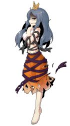 Rule 34 | 1girl, bare shoulders, barefoot, black ribbon, blue hair, breasts, chirizuka ubame, clenched hand, commentary request, crop top, dairi, defeat, fossilized wonders, from side, full body, hand on own chest, highres, large variant set, long hair, looking at viewer, medium breasts, navel, open mouth, orange skirt, purple eyes, purple ribbon, ribbon, ribbon around body, shaded face, simple background, skirt, smile, solo, standing, standing on one leg, stomach, sweatdrop, tachi-e, tank top, tiara, torn clothes, torn ribbon, torn skirt, touhou, transparent background, variant set, white tank top