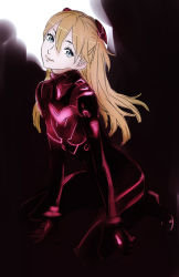 Rule 34 | 1girl, blue eyes, bodysuit, brown hair, dark, female focus, light smile, long hair, neon genesis evangelion, nishieda, plugsuit, sitting, solo, souryuu asuka langley, wariza