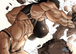Rule 34 | abs, black bra, black hair, bra, breasts, from below, muscular, muscular female, original, punching, scar, simple background, tan, tanline, underwear, zippedsquire