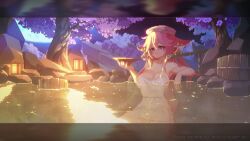 1girl aduare animal_ears animated bathing blinking breasts cherry_blossoms cup drinking earrings floppy_ears fox_ears full_moon genshin_impact hair_between_eyes holding holding_cup jewelry lantern large_breasts long_hair moon naked_towel night night_sky outdoors partially_submerged pink_hair pixel_art purple_eyes sakazuki sitting sky solo tagme towel tree video yae_miko