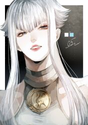 1girl border commentary_request eyelashes grey_eyes highres long_hair loose_hair_strand manon_legrand outside_border parted_lips red_lips smile street_fighter street_fighter_6 white_border white_hair zeebra_tnpr