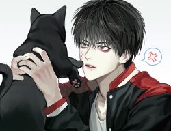 1boy anger_vein animal bags_under_eyes black_eyes black_hair cat eoseo88 highres holding holding_animal holding_cat jacket long_sleeves looking_at_animal male_focus multicolored_jacket open_clothes open_jacket rukawa_kaede shirt short_hair simple_background slam_dunk_(series) solo speech_bubble spoken_anger_vein teeth white_background white_shirt