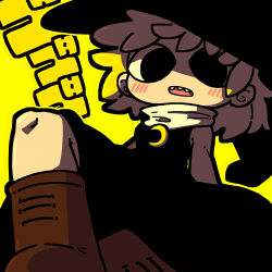 Rule 34 | 1girl, absurdres, black dress, black eyes, blonde hair, boots, brown boots, commentary request, cookie (touhou), crescent, crescent pin, dress, empty eyes, full body, gogogo (cookie), highres, kirisame marisa, looking at viewer, muimui (4242564muimui), open mouth, pinafore dress, sharp teeth, short hair, simple background, sitting, sleeveless, sleeveless dress, solo, teeth, touhou, yellow background