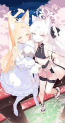 2girls animal animal_ear_fluff animal_ears animal_on_head bare_shoulders bird bird_on_head black_ribbon blonde_hair blue_archive blush breasts cherry_blossoms commentary_request detached_sleeves dress flower fox_ears fox_girl fox_tail gayarou grey_eyes hair_flower hair_ornament hair_ribbon halo highres holding holding_smoking_pipe japanese_clothes kiseru kuzunoha_(blue_archive) long-tailed_tit long_hair looking_at_viewer multiple_girls on_head one_side_up pantyhose parted_lips petals pink_eyes ribbon ribbon-trimmed_sleeves ribbon_trim seia_(blue_archive) sleeves_past_fingers sleeves_past_wrists small_breasts smoking_pipe tail tit_(bird) very_long_hair water white_dress white_flower white_hair white_pantyhose white_sleeves wide_sleeves