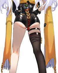 1girl ass black_gloves black_shorts black_thighhighs fingerless_gloves from_behind gloves hands_on_own_hips high-waist_shorts highres jacket lower_body shorts simple_background single_thighhigh solo standing thighhighs uuroncha white_background yellow_jacket yi_xuan_(zenless_zone_zero) zenless_zone_zero