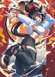 1girl absurdres alternate_costume alternate_hairstyle animal_ears armpits black_hair black_pants black_shoes black_tail blush breasts commentary_request fire fox_ears fox_girl fox_tail highres hood hood_down hoodie jumping kitasan_black_(umamusume) large_breasts long_sleeves multicolored_hair one_eye_closed open_mouth pants puffy_long_sleeves puffy_sleeves red_eyes shoes short_hair smile solo sports_bra streaked_hair tail thighs umamusume v v-shaped_eyebrows white_hoodie white_sports_bra white_streaks yakousei_a