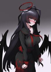 Rule 34 | 1girl, absurdres, antenna hair, black hair, black sailor collar, black serafuku, black skirt, black wings, blood, blood halo, blood on clothes, blue archive, blush, breasts, cleavage, closed mouth, commentary request, embarrassed, gradient background, grey background, halo, highres, large breasts, liquid halo, long hair, looking at viewer, low wings, nose blush, red eyes, sailor collar, school uniform, serafuku, skirt, smile, solo, tay (cdjk7758), tsurugi (blue archive), wings