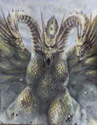 alien dragon dragon_horns dragon_wings fangs g.n.a godzilla_(series) godzilla_vs._king_ghidorah gold_scales highres horns hydra kaiju king_ghidorah long_neck monster multiple_heads open_mouth red_eyes simple_background toho wings