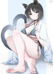 1girl absurdres animal_ears barefoot bikini black_eyes black_hair blue_archive blush cat_ears cat_tail feet highres kikyou_(blue_archive) kikyou_(swimsuit)_(blue_archive) looking_at_viewer medium_hair multiple_tails soles swimsuit tail toes two_tails yanwulazy