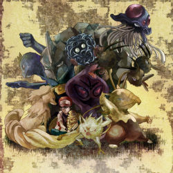 arbok bird black_hair creatures_(company) dodrio drowzee everyone game_freak gen_1_pokemon hat kakuna machoke mankey ninetales nintendo onix pokemon pokemon_(creature) red_(pokemon) red_eyes snake tangela tentacruel