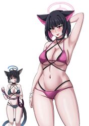 2girls anger_vein animal_ears arm_up armpits arms_behind_head bakeneko bikini black_choker black_hair black_tail blue_archive blue_bikini blue_halo blue_tail blush breasts cameltoe cat_ears cat_girl cat_tail choker colored_inner_animal_ears colored_inner_hair cosplay criss-cross_straps drie gluteal_fold gradient_tail halo highres holding holding_rope kazusa_(blue_archive) kikyou_(blue_archive) kikyou_(blue_archive)_(cosplay) kikyou_(swimsuit)_(blue_archive) layered_bikini looking_at_another looking_at_viewer medium_breasts multicolored_hair multiple_girls multiple_tails navel official_alternate_costume pink_bikini pink_eyes pink_hair pink_halo rope short_hair smile swimsuit tail tongue tongue_out two-tone_hair two_tails