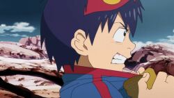 1boy 1girl accidental_pervert between_breasts blush breast_press breasts cleavage closed_eyes face_to_breasts gloves head_between_breasts head_out_of_frame headband height_difference kiyoh_bachika looking_at_another medium_breasts nipples open_mouth pov shiny_skin simon_(ttgl) tengen_toppa_gurren_lagann view_between_breasts