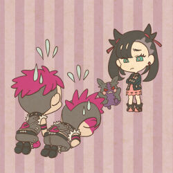 Rule 34 | 1boy, 2girls, arms up, asymmetrical bangs, belt, black belt, black hair, black jacket, black shoes, bowing, bright pupils, chibi, closed mouth, commentary request, crossed arms, dot nose, dress, earrings, eyelashes, flying sweatdrops, from behind, full body, gen 8 pokemon, green eyes, grey hair, grey pants, grey skirt, hair ribbon, jacket, jewelry, marnie (pokemon), mojacookie, morpeko, morpeko (hangry), multicolored hair, multiple girls, nintendo, official art, open clothes, open jacket, pants, pantyhose, pink dress, pink hair, pink pantyhose, pokemon, pokemon (anime), pokemon (creature), pokemon journeys, red eyes, red ribbon, ribbon, safety pin, second-party source, shoes, short hair, skirt, standing, standing on one leg, striped background, sweatdrop, team yell, team yell grunt, teeth, torn clothes, torn sleeves, twintails, two-tone hair, undercut, v-shaped eyes, very short hair, white pupils