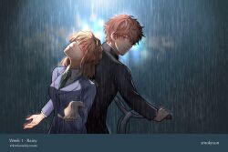 Rule 34 | 1boy, 1girl, artist name, back-to-back, bicycle, black jacket, black necktie, blue jacket, border, breasts, closed eyes, collared shirt, gakuran, grey border, hair between eyes, highres, jacket, medium breasts, medium hair, meitantei conan, miyano shiho, necktie, rain, sanada takahiro, school uniform, shirt, short hair, smile, smokysun, suit jacket, upper body, white shirt