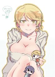 2girls akizakura_iori bad_link blonde_hair blush breasts chibi cleavage halftone halftone_background highres ikemen_joshi_to_josou_danshi looking_at_viewer mirumiru multiple_girls open_clothes polka_dot polka_dot_background rindou_hazuki short_hair smile solo_focus yellow_eyes