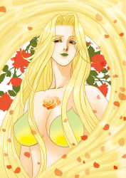 1990s_(style) 1girl absurdly_long_hair barbariccia blonde_hair breasts cleavage female_focus final_fantasy final_fantasy_iv final_fantasy_iv:_the_after_years flower green_eyes green_lips kaworuko lipstick long_hair looking_at_viewer makeup petals retro_artstyle rose solo tattoo upper_body very_long_hair