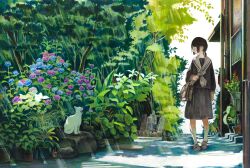 Rule 34 | 1girl, absurdres, bag, black shirt, black skirt, blue flower, bottle, brown shoes, cat, colored pencil (medium), flower, full body, glasses, highres, hydrangea, leaf, long sleeves, medium hair, neckerchief, nekojarashi (yuuga), original, outdoors, plant, pleated skirt, potted plant, purple flower, rock, sailor collar, shadow, shirt, shoes, shoulder bag, skirt, socks, solo, traditional media, white cat, white neckerchief, white sailor collar, white socks