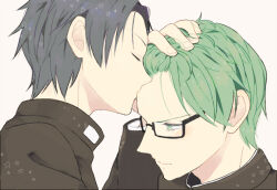 Rule 34 | 2boys, black-framed eyewear, black hair, black jacket, braid, chako (15 01417), closed mouth, collared jacket, commentary request, eyelashes, fingernails, flustered, forehead, frown, gakuran, glasses, green eyes, green hair, hand on another&#039;s head, high collar, jacket, kiss, kissing forehead, kuroko no basuke, layered sleeves, light blush, long sleeves, looking at another, male focus, midorima shintarou, multiple boys, pointy nose, school uniform, short hair, single braid, star (symbol), takao kazunari, undershirt, upper body, white background, yaoi