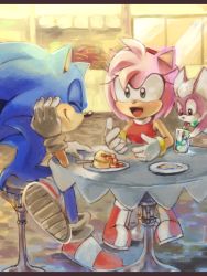 1boy 1girl amy_rose animal_nose bone_(stare) chip chip_(sonic) conversation couple dating drinking food furry furry_female furry_male furry_with_furry happy hetero letterboxed outdoors sitting slice_of_life smile sonic_(series) sonic_the_hedgehog sonic_unleashed tegaki