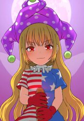 1boy 1girl american_flag_dress animated animated_gif bad_id bad_nijie_id blonde_hair blush breasts censored clownpiece commentary_request fairy_wings full_moon gloved_handjob gloves handjob hat head_tilt hetero jester_cap long_hair looking_at_viewer medium_breasts moon mosaic_censoring neck_ruff open_mouth polka_dot polka_dot_headwear pov purple_background purple_headwear red_eyes red_gloves regi_(syno-miya) short_sleeves simple_background smile solo_focus star_(symbol) star_print talking teeth touhou upper_body very_long_hair wings