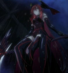 Rule 34 | 10s, bat wings, bracelet, dakara boku wa h ga dekinai, gloves, jewelry, lisara restall, long hair, rain, red eyes, red hair, scythe, stitched, thighhighs, third-party edit, upskirt, wings