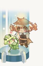 Rule 34 | 1girl, alchemist (ragnarok online), blonde hair, blush, boots, brown boots, brown cape, brown dress, cape, chinese commentary, closed mouth, commentary request, creature, dress, full body, fur collar, nanami (s881201guy), ragnarok online, short hair, short twintails, simple background, smile, solo, stasis tank, strapless, strapless dress, twintails, white background, yellow eyes