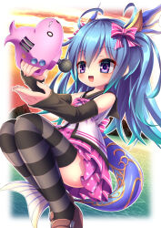 bare_shoulders blue_hair boots dress emil_chronicle_online fins fish_tail frilled_dress frills hair_ribbon highres horns lorelei_lore microphone pink_ribbon purple_eyes ribbon striped_clothes striped_thighhighs tail thighhighs two_side_up yupi828