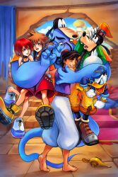 1girl 5boys aladdin_(disney) aladdin_(movie) artist_name bare_shoulders barefoot beard black_choker black_hair blue_eyes blue_skin blush brown_hair choker closed_eyes colored_skin commentary dark-skinned_male dark_skin disney donald_duck english_commentary facial_hair furry furry_male genie_(aladdin) goofy hawaiian_shirt highres hollypolllyy kairi_(kingdom_hearts) kingdom_hearts kingdom_hearts_i multiple_boys nomura_tetsuya_(style) purple_vest red_hair shirt short_hair sora_(kingdom_hearts) spiked_hair toes vest white_shirt
