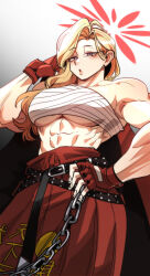 Rule 34 | 1girl, abs, absurdres, akemi (blue archive), bandages, bare shoulders, belt, blonde hair, blue archive, blue eyes, breasts, chain, commentary request, eyelashes, fingerless gloves, gloves, gradient background, hair over one eye, halo, hand on own hip, highres, korean commentary, large breasts, looking at viewer, margare, midriff, muscular, muscular female, muscular male, parted lips, red gloves, sarashi, simple background, solo