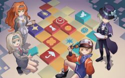 4girls :d :o absurdres ankle_boots ascot black_boots black_coat black_hat black_pants black_shoes black_vest block_(object) blue_bow blue_dress blue_hairband boater_hat book boots bow brown_hair checkered_hairband clipboard coat dress from_above full_body green_eyes grey_hair grey_shorts grey_sweater hair_bun hairband hand_up hat hat_bow highres holding holding_block holding_book holding_clipboard holding_removed_eyewear legs_apart long_hair looking_at_viewer matilda_bouanich moru2 multiple_girls newsboy_cap open_book open_mouth orange_eyes orange_hair pants pants_under_dress red_socks regulus_(reverse:1999) reverse:1999 shirt shoes short_dress shorts side_ponytail single_side_bun smile socks sonetto_(reverse:1999) standing sunglasses sweater unworn_eyewear vertin_(reverse:1999) vest waistcoat white_ascot white_dress white_pants white_shirt white_socks