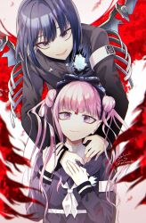 1boy 1girl :&gt; absurdres armband belt black_bow black_hairband black_sailor_collar blood bloody_wings bow bow_hairband brother_and_sister double_bun eyeliner facial_mark forehead_mark gakuran grey_eyes hair_bun hairband hand_on_another&#039;s_hand hand_on_another&#039;s_shoulder highres holding_another&#039;s_arm hole_in_chest hole_on_body last_defense_academy_school_uniform long_hair looking_at_viewer makeup neck_ribbon pink_eyes pink_hair purple_hair red_eyeliner ribbon sailor_collar school_uniform serafuku short_hair siblings smile the_hundred_line_-last_defense_academy- tsukumo_ima tsukumo_kako twins twintails twitter_username white_armband white_background white_belt white_ribbon white_streaks wings zarazado